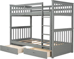 Merax Wood Bunk Bed with Drawers,Convertible Wood Bunk Bed with Ladders and Two Storage Drawers,Solid Wood Detachable Bunk Bed Frame with Ladders,Twin Over Twin Size,Grey