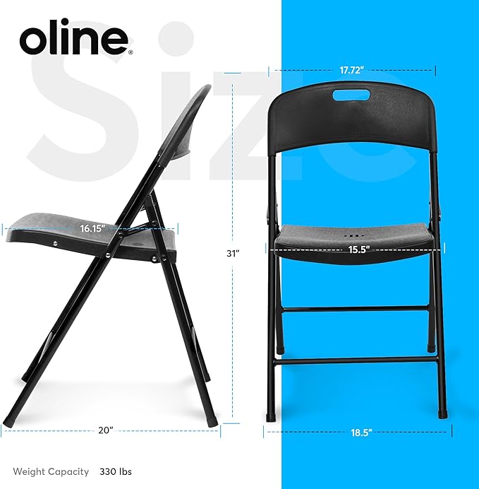 Oline Folding Chair, Indoor Outdoor Plastic Commercial Stackable Foldable Guest Chairs for Events Office Wedding Party Picnic Kitchen Dining, 350lb Capacity (Black, 4 Pack)