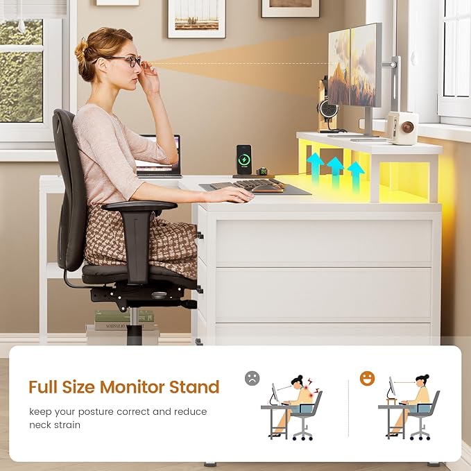SEDETA L Shaped Desk with 4 Drawers and Storage Shelves, L Shaped Gaming Desk with LED Lights & Power Outlets, Computer Desk with Shelves & Drawer, Corner Desk Home Office Desk, White