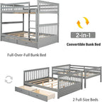 Merax Wood Bunk Bed with Drawers,Convertible Wood Bunk Bed with Ladders and Two Storage Drawers,Solid Wood Detachable Bed Frame with Ladders,Full Over Full,Grey