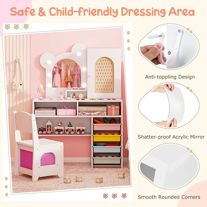 Costzon Kids Vanity with Lights, Girls Vanity Set with Mirror, Storage Drawers, Cabinet & Shelves, Toddler Makeup Vanity Desk Dressing Table, Wooden Kids Vanity Table and Chair Set (White)