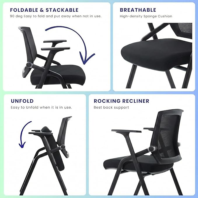 8 Pack Stackable Conference Room Chairs with Paddle Folding Office Chair Foldable Desk Chair Mesh Back and Arms for Conference Meeting Guest Reception Home Office Training Room Chair Black