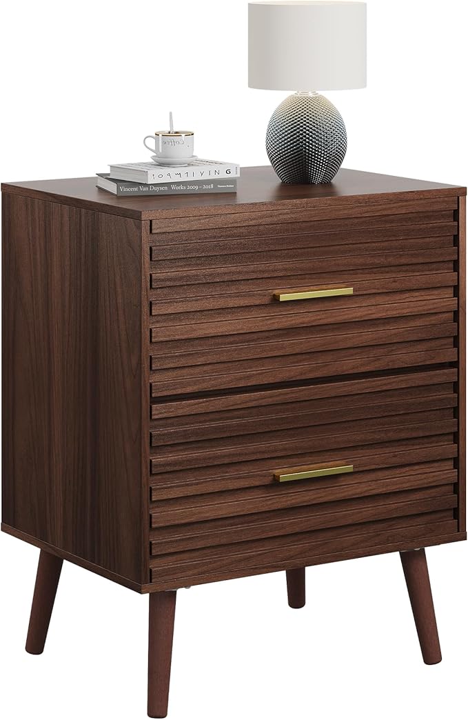 WLIVE Wood Night Stand with 2 Drawers, Mid Century Modern Nightstand, Fluted Bed Side Tablefor Bedroom, Dorm, Living Room End Table