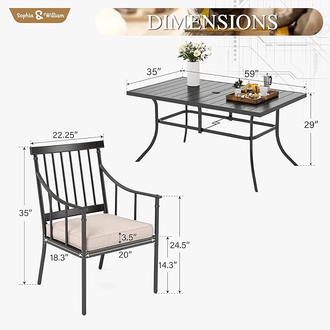 Sophia & William 7 Pieces Patio Dining Set with Rectangle Metal Table of 1.57"-1.9" Umbrella Hole and 6 Armchairs with Seat Cushions, Outdoor Conversation Furniture for Porch Backyard Balcony Deck