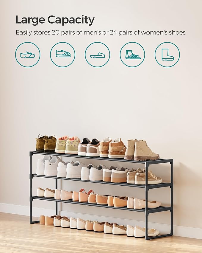 SONGMICS Shoe Rack, 3-Tier Shoe Organizer, Metal Storage Shelf, Upright or Upside Down, for 20-24 Pairs, Stackable, for Entryway, 11.8 x 46.1 x 21.7 Inches, Black ULSA033B01