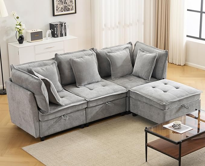 103" Modular Sectional Sofa, L-Shaped Corduroy Comfy Sectional Couches for Living Room, 3-Seater Cloud Couches with 1 Ottoman, Modern Deep Seat Sofa with Large Storage, Grey