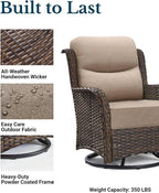 HILLGA Luxury Outdoor Swivel Rocker Patio Chairs of 2 with 6 Inch Thick Cushions and Side Table, Swivel Outdoor Chairs 3PCS High Back Wicker Patio Furniture Set for Porch, Balcony, Deck in Beige