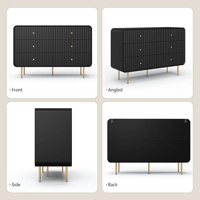 HLR Black Dresser for Bedroom,48'' Wide Wood Chests of Drawers,Modern Fluted 6 Drawer Dresser with Gold Metal Handles,Clothes Deep Drawer Dressers Storage for Living Room,Hallway
