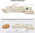 140''Oversized Cloud Velvet Curved Sectional Couch, Boneless Couch with L-Shape Chaise, Upholstered Compression Memory Foam Modular Sectional Sofa for Living Room, No Assembly Required, Beige