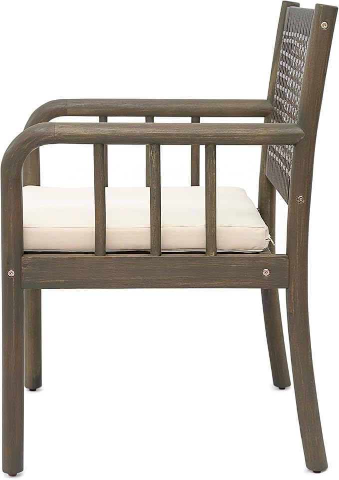 Christopher Knight Home Vera Outdoor Acacia Wood Dining Chairs, Rattan Woven Back Armchair, Armchair with Cushion Seat, Dining Chairs Set of 2, Patio Chair for Poolside Garden Balcony, Gray+Cream