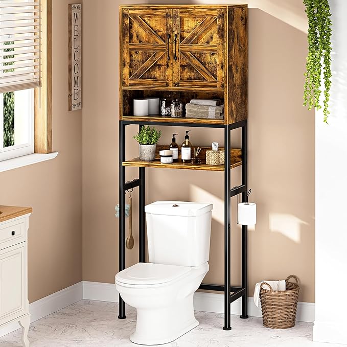 Over The Toilet Storage Cabinet - Bathroom Shelves Above Toilet Freestanding Organizer Shelf with Doors Narrow Floor Stand Rack Farmhouse Wood 71" Tall, Rustic Brown