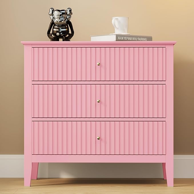 RoyalCraft Fluted 32 inch Wide Nightstand for Bedroom, Large Pink Nightstand with 3 Drawer, Modern End Table, Wood Beside Table for Home and Office
