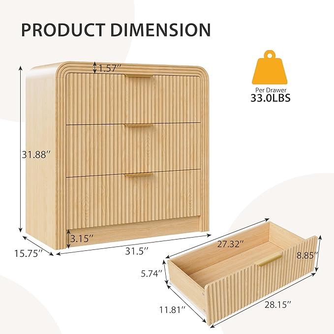 Fluted 3 Drawer Dresser, 31.8'' Tall Dresser for Bedroom, Modern Wood Chest of Drawers with Round Edge & Metal Handle, Large Nightstand with 3 Drawers for Living Room, Hallway, Entryway (Natural Oak)