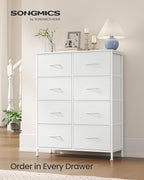 SONGMICS Dresser for Bedroom, Chest of Drawers, Steel, MDF, 8 Non-Woven Fabric Drawers, Storage Organizer Unit, Closet, Entryway, Cloud White and Snow White ULGS124W01S