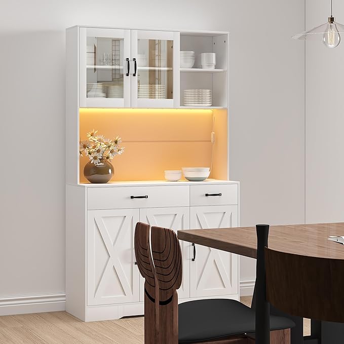 71" Kitchen Pantry Cabinet: Hutch Cabinets with Glass Doors, Pantry Cabinets with Drawers, Adjustable Shelves, LED Light & Power Outlets for Kitchen, Living Room, Dining Room