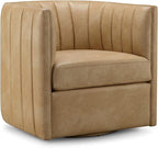CHERS Rivet Mid-Century Modern Swivel Armchair, Channel-Tufted Faux Leather Accent Chair, 360-Degree Rotating Lounge Chair with Ergonomic Design for Living Room, Bedroom, Home Theater, Nude