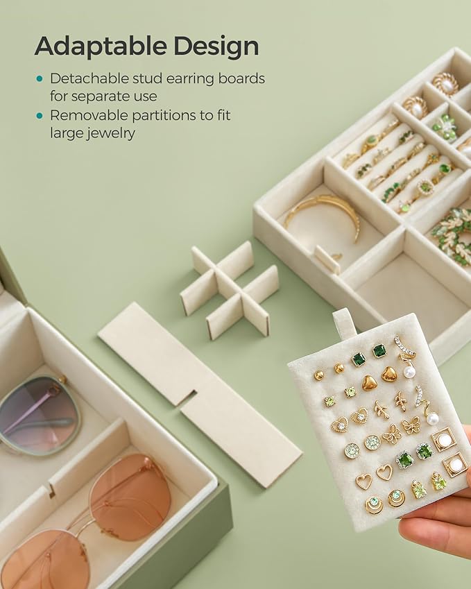 SONGMICS 2-Layer Jewelry Box, Jewelry Organizer with Handle, Removable Jewelry Tray, Jewelry Storage, Floating Effect, 8.1 x 9.4 x 4.3 Inches, Christmas Gift, Laurel Green UJBC165C02