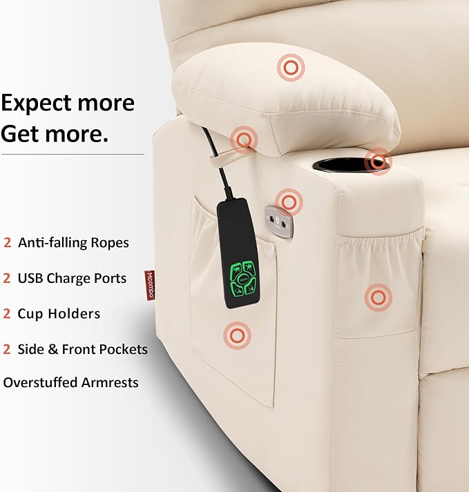 MCombo Large Dual Motor Power Lift Recliner Chair for Elderly, Massage and Heat, Lay Flat, Zero Gravity, Home Button, USB Port, Faux Leather 7680 (Cream White, Large)