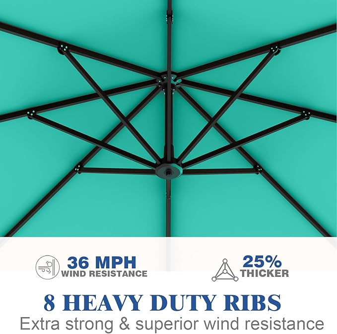 7 Piece Patio Dining Set with 11ft Patio Umbrella (Teal), 7 Navy Outdoor HDPE Dining Set with 6 Chairs + 1 Large Table, for Market, Pool, Garden, Backyard, Deck