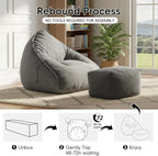 Cloud Bean Bag Chair with Ottoman for Adults, Comfy Corduroy Chaise Lounge Chair with High-Resilience Foam, Oversized Boneless Reading Chair for Bedroom & Living Room (Grey)