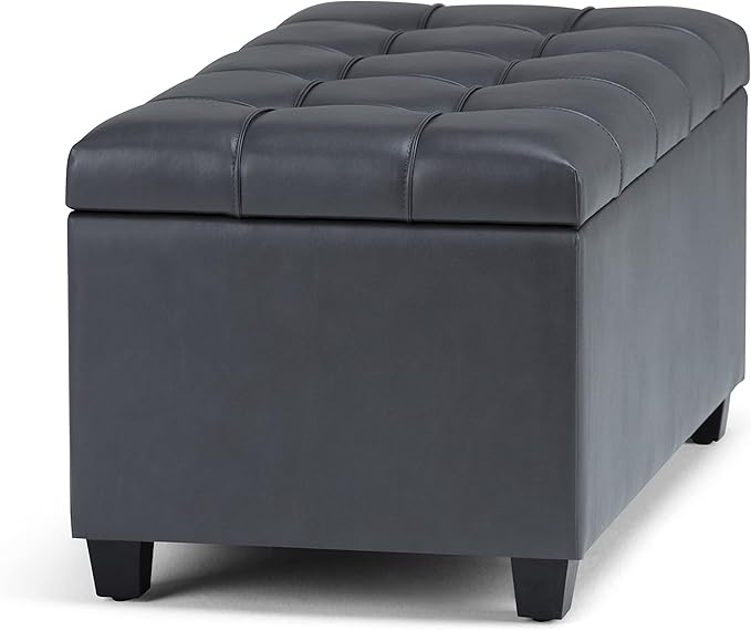 SIMPLIHOME Sienna 33 inch Wide Transitional Rectangle Storage Ottoman Bench in Stone Grey Vegan Faux Leather, Assembled, For the Living Room, Entryway and Family Room