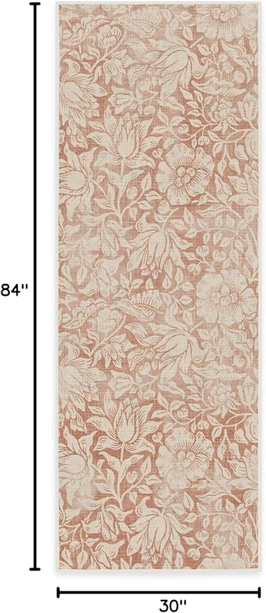 RUGGABLE x Morris & Co Washable Runner Rug – Mallow Rust Red 2.5x7, Stain-Resistant, Non-Slip Hallway Runner – Machine Washable Rug for Hallway, Entryway, Living Room & Kitchen–with Cushioned Pad