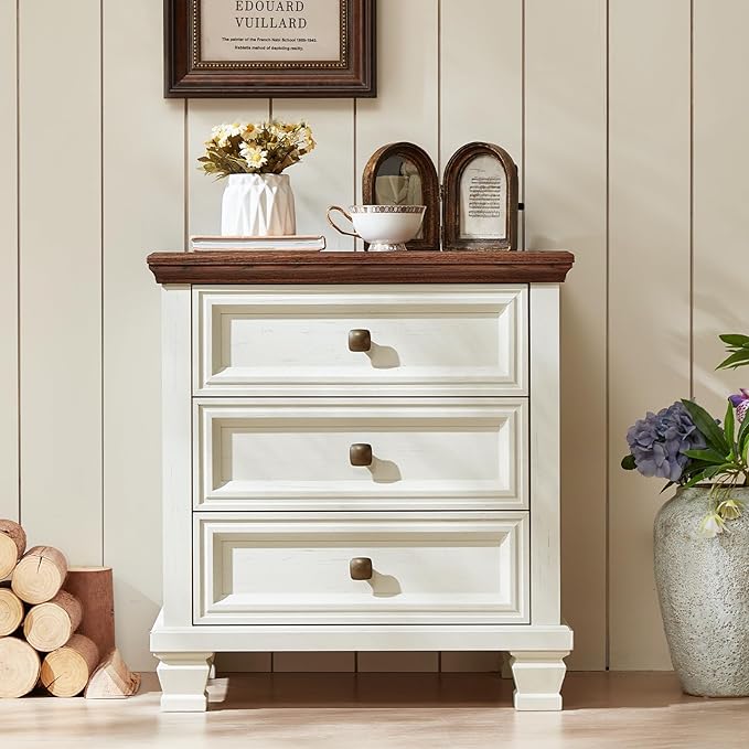Farmhouse Nightstand Set of 2, Vintage Couch End Table with 3 Drawers & 4 Square Solid Wood Legs, Rustic Bed Side Table with Storage, Small Dresser for Bedroom, Living Room, White