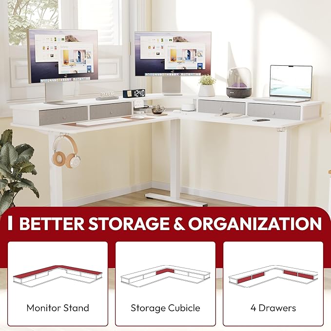 SANODESK 63" L Shaped Standing Desk with 3 Drawers, Height Adjustable Stand up Desk, Corner Gaming Desk with Monitor Stand, White Frame/White Top