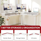 SANODESK 63" L Shaped Standing Desk with 3 Drawers, Height Adjustable Stand up Desk, Corner Gaming Desk with Monitor Stand, White Frame/White Top