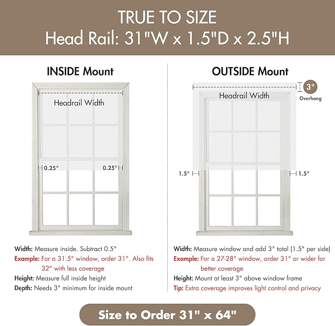 Madison Park Kyler Cordless Roman Shades - Single Panel, Lightweight Linen Blend Fabric, Natural Design, Easy Installation, Light Filtering Window Blind, Bedroom, Living Room Decor 31"W x 64"H White