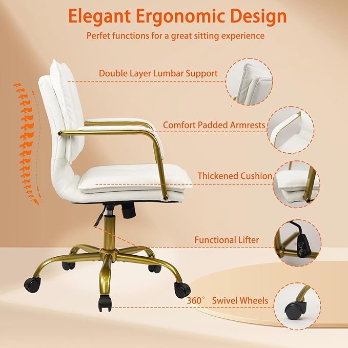CLATINA Leather Home Office Desk Chair, Swivel Mid-Back Computer Chair with Golden Legs and Arms, Comfy Upholstered Task Chair with Wheels, White