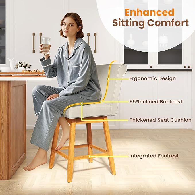 COSTWAY Swivel Bar Stools Set of 2, 27" Counter Height Bar Chairs with Rubber Wood Legs, Upholstered Linen Barstools with Back & Cushioned Seat, for Kitchen Island, Home, Beige (2,Beige)