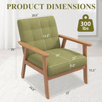 Westice Accent Chair 1PC, Mid-Century Modern Living Room Chairs with Solid Wood Frame & Soft Thicken Cushion, Upholstered Reading Arm Chair for Bedroom, Balcony, Green Linen Fabric & Natural Legs