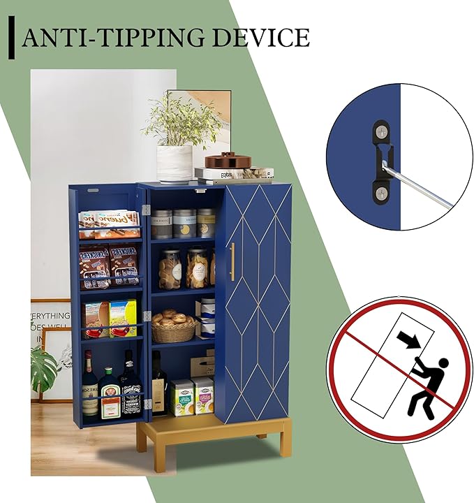 ARTPOWER 45'' Kitchen Pantry Cabinet, 4 - Layer Storage Cupboard with Adjustable Shelves for Storage Cabinet Pantry, Food Pantry Cabinet for Kitchen, Dining Room and Living Room,Gold Legs, Blue