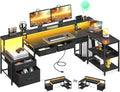 AODK L Shaped Desk with 5 File Drawers, 75" Reversible L Shaped Computer Desk with Power Outlet & LED Strip, Office Desk with Storage Shelves, Gaming Table with Monitor Shelf, Corner Table, Black