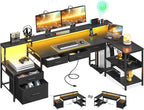AODK L Shaped Desk with 5 File Drawers, 75" Reversible L Shaped Computer Desk with Power Outlet & LED Strip, Office Desk with Storage Shelves, Gaming Table with Monitor Shelf, Corner Table, Black