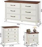 Farmhouse Bedroom Dresser and Nightstand Set of 4, 6 Drawer Low & 5 Drawers Dresser & 2 Drawer Nightstand Set, Rustic Wood Bedroom Furniture Set for Livingroom, Hallway, White