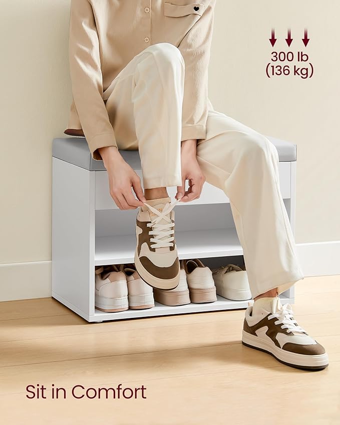 VASAGLE Shoe Bench with Cushion, Storage Bench with Padded Seat, Entryway Bench with 3 Storage Compartments, 11.8 x 23.6 x 17.3 Inches, for Bedroom, Living Room, Cloud White ULHS020W01