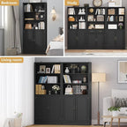 72'' Tall Bookcase with Doors, Adjustable Shelves, P2 MDF Construction, 32'' Wide Freestanding Cabinet with Metal Handles, Hidden Storage for Living Room, Bedroom, Black