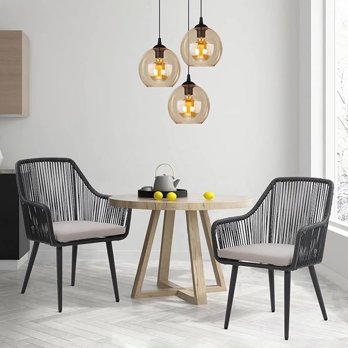 JOIVI Outdoor Patio Dining Chairs Set of 4, Woven Rattan Chairs with Armrest & Cushions Kitchen Wicker Dining Chairs with Iron Frame, Outdoor Seating for Outside, Lawn, Garden, Backyard, Indoor, Black