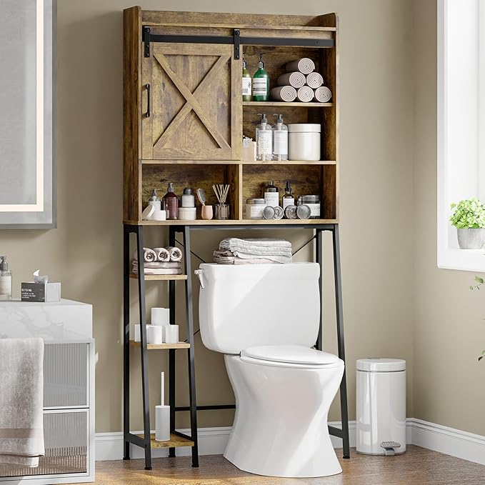 Over The Toilet Storage Cabinet, Farmhouse Storage Cabinet Over Toilet with Sliding Barn Door,Home Space-Saving Toilet Rack, for Bathroom, Restroom, Laundry.Brown.