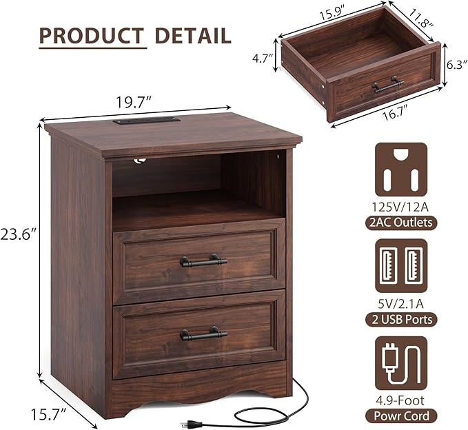 Walnut Nightstand with Charging Station, Farmhouse End Table with 2 Drawers and Open Shelf, Bedside Table with Space-Saving Storage Cabinet, Unique Base Design for Bedroom, Living Room