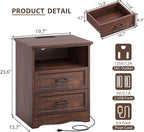 Walnut Nightstand with Charging Station, Farmhouse End Table with 2 Drawers and Open Shelf, Bedside Table with Space-Saving Storage Cabinet, Unique Base Design for Bedroom, Living Room