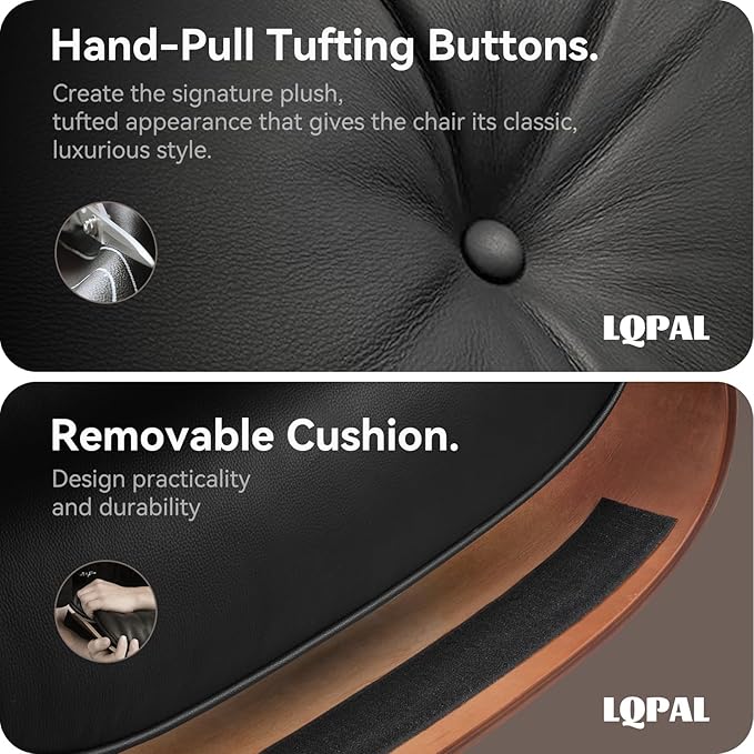 Top Black Grain Leather, Mid Century Chaise Lounge Chair and Ottoman, Modern Chair Classic Design, Palisander Wood, Heavy Duty Base Support for Living Room Office