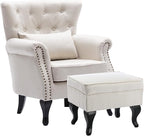 chairus Mid-Century Modern Accent Chair with Ottoman, Comfy Linen Single Sofa Chair Button Tufted Wingback Armchair with Pillow for Living Room/Bedroom/Club - Beige