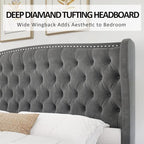 AMERLIFE King Size Platform Bed Frame, Velvet Upholstered Bed with Deep Button Tufted & Nailhead Trim Wingback Headboard/No Box Spring Needed/Grey