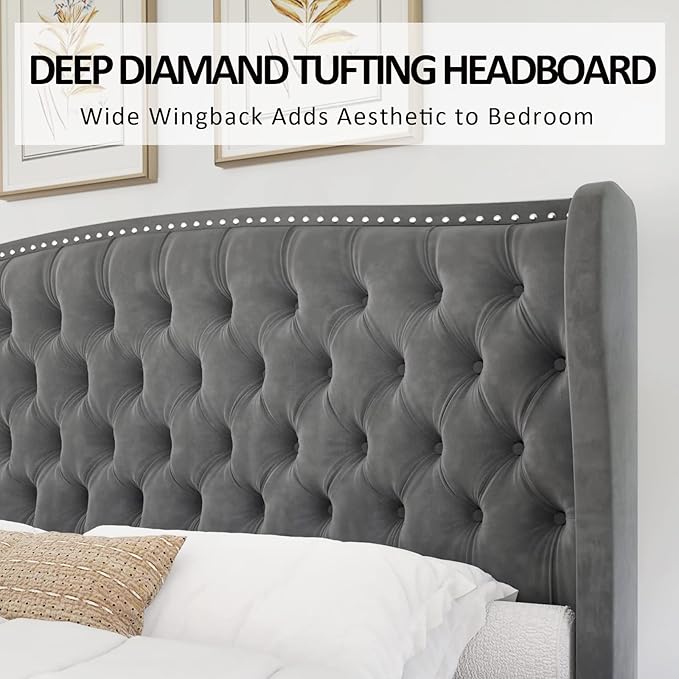 AMERLIFE California King Size Platform Bed Frame, Velvet Upholstered Bed with Deep Button Tufted & Nailhead Trim Wingback Headboard/No Box Spring Needed, Grey