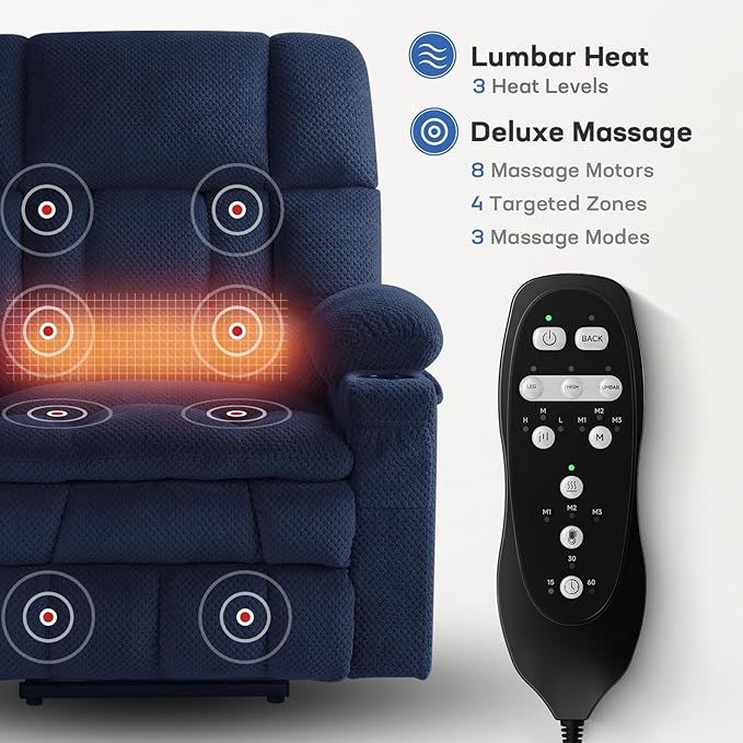 Tami Tami Dual Motor Power Lift Chair Recliner for Elderly with Massage and Heat, Infinite Position Electric Lift Recliner with Adjustable Headrest, USB (T6015 - Plush Fabric, Navy Blue, Oversized)