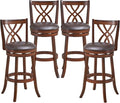 COSTWAY Bar Stools Set of 4, 360° Swivel Chairs with Rubber Wood Frame, 30-Inch PU Leather Cushioned Seat and Footrests, for Kitchen Island, Dining Room, Bar (Brown-30 inches, 4 stools)