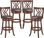 COSTWAY Bar Stools Set of 4, 360° Swivel Chairs with Rubber Wood Frame, 30-Inch PU Leather Cushioned Seat and Footrests, for Kitchen Island, Dining Room, Bar (Brown-30 inches, 4 stools)
